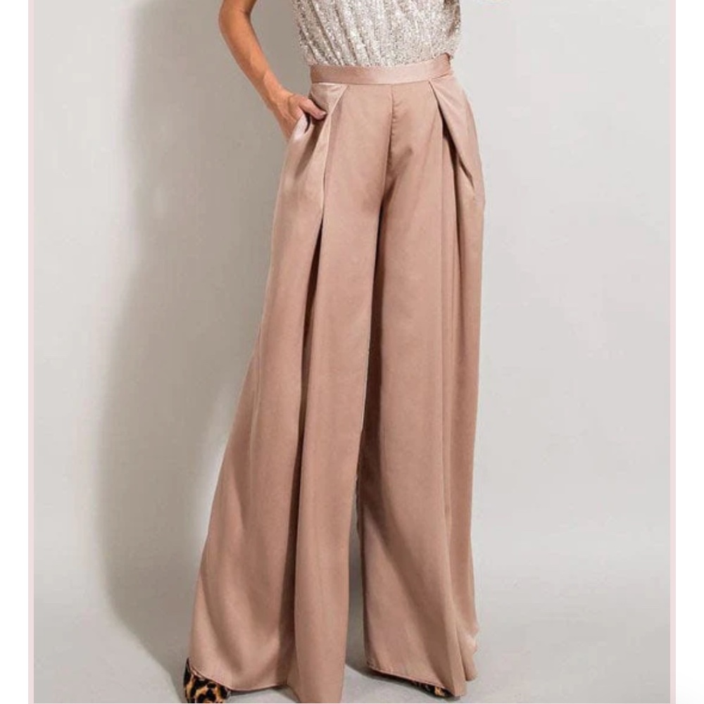 Wide Leg Satin Pants in Champagne - Size Large